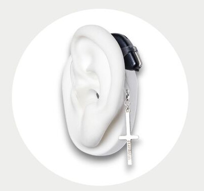 White ear mould with cross earring in silver